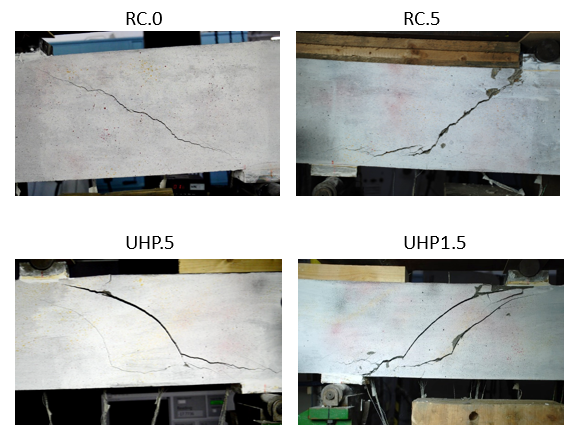 Photographs of four concrete beams with clear shear cracks in them