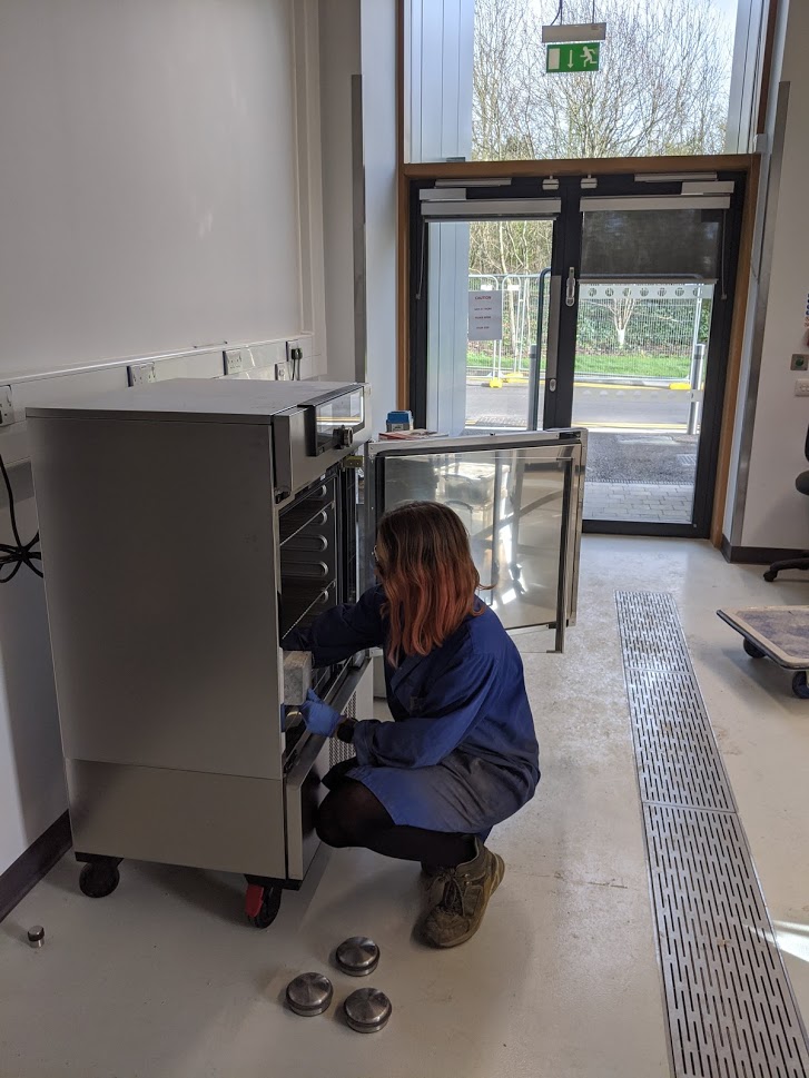 Engineering student crouching in front of a testing machine, undertaking carbonation tests